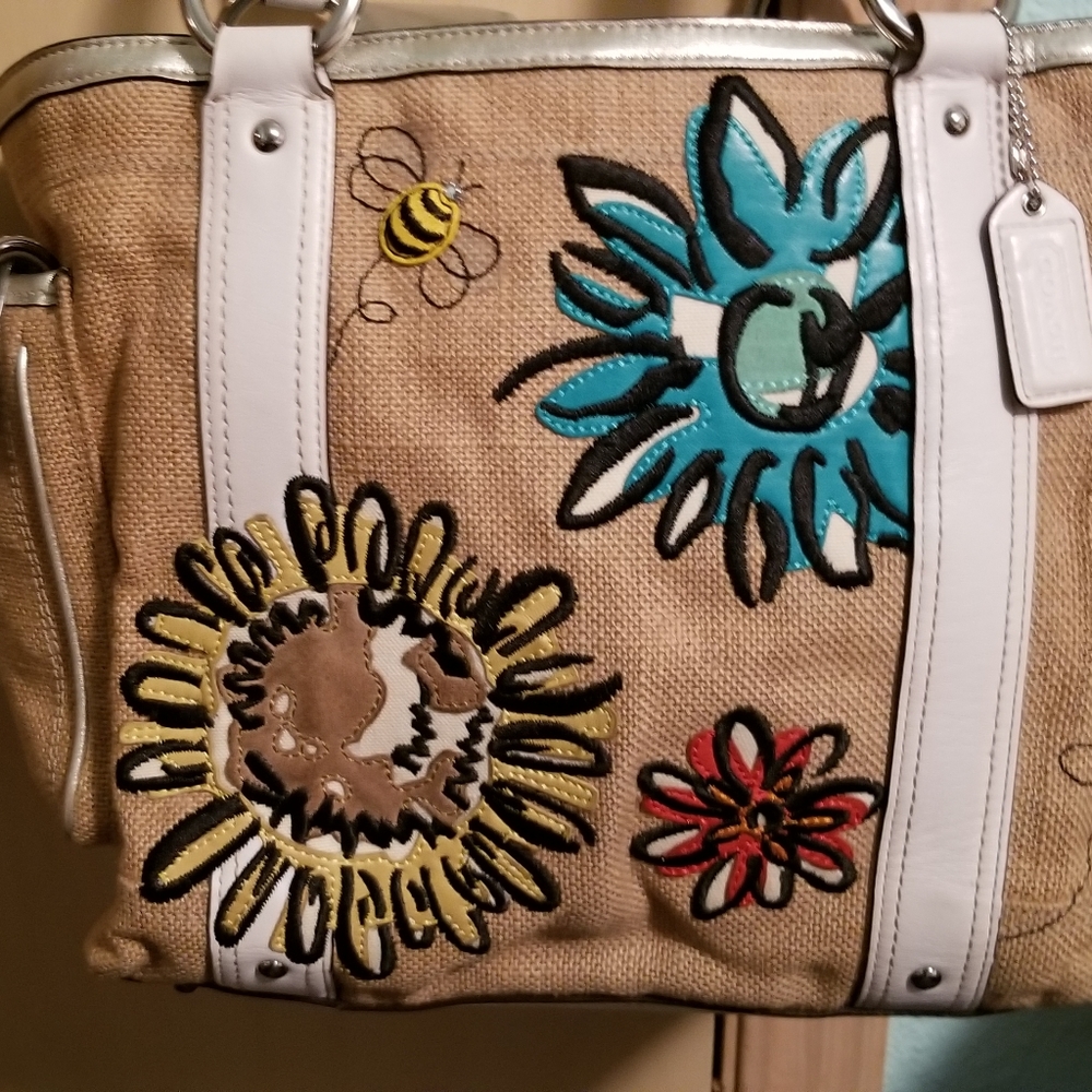 Coach Bumblebee Limited Edition Floral Embroidered Burlap Handbag/Tote